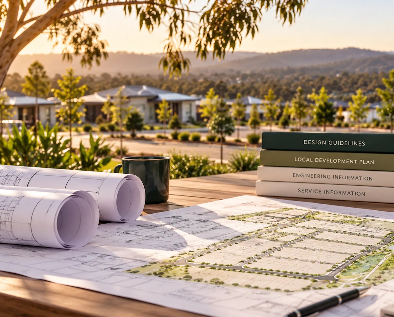Estate plans and design guideline documents on a table overlooking new homes and the Perth Hills