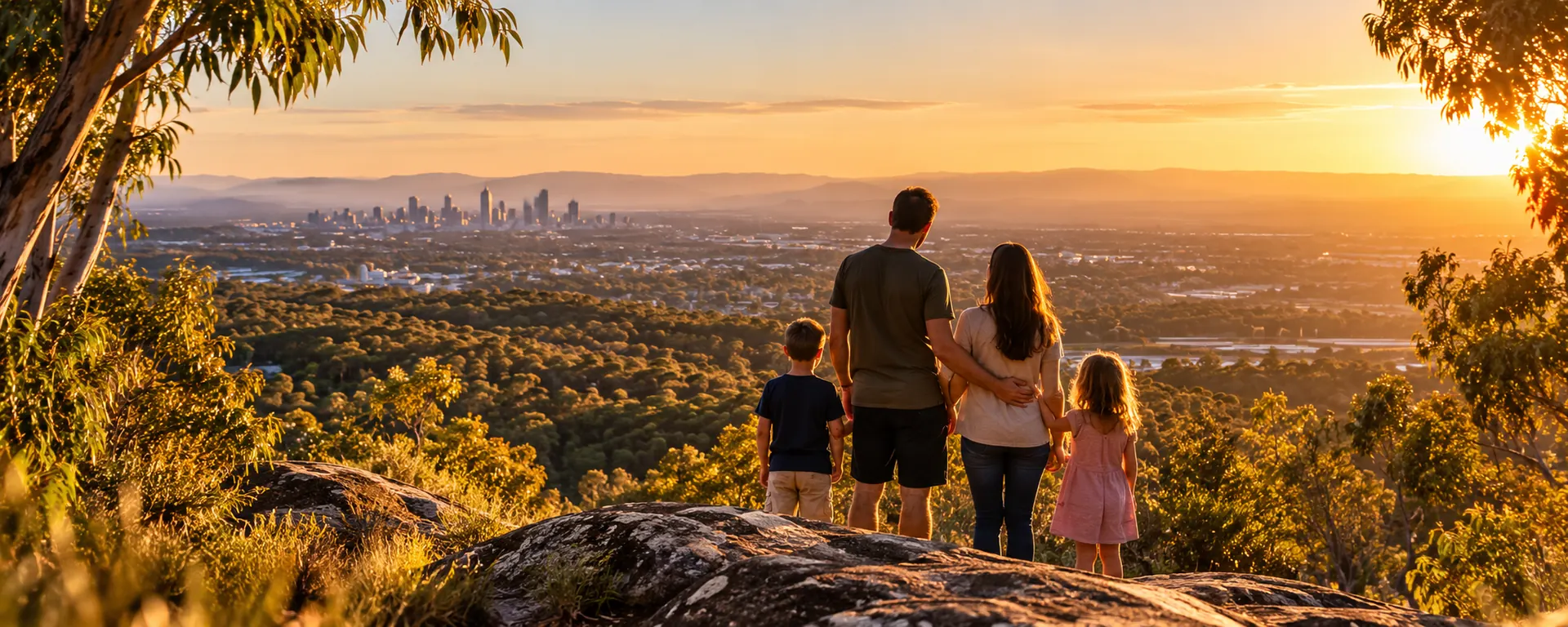 Family looking out over bushland to the Perth city skyline from the Perth Hills at sunset
