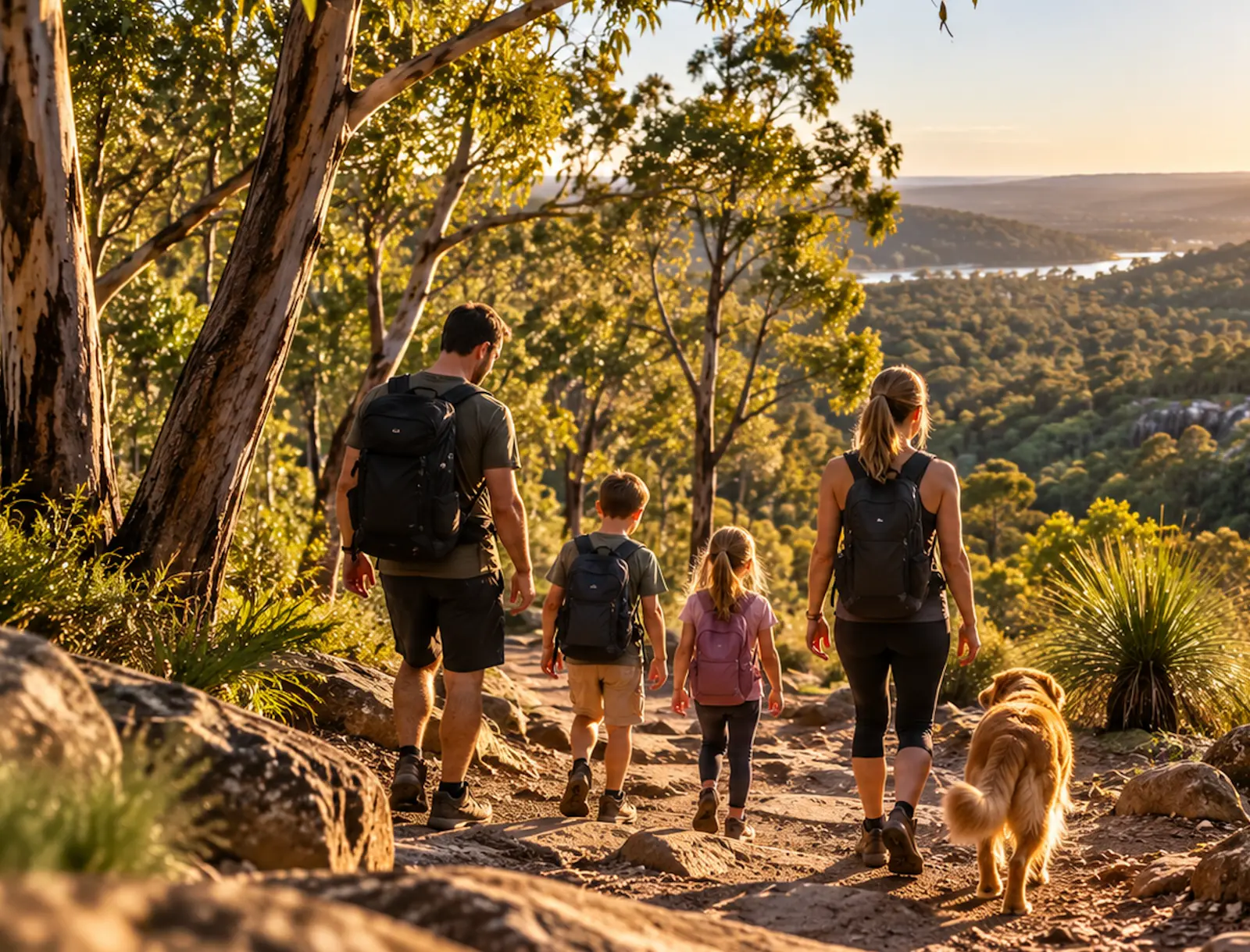 Family and their dog walking a bush trail in the Perth Hills at golden hour